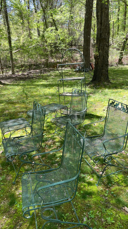 Metal Patio Chairs (4), Side Tables (2), and Bakers Rack