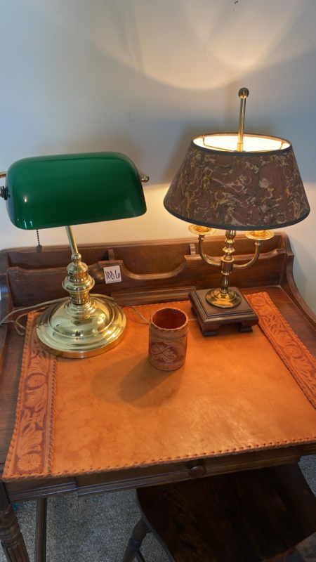 (2) Lamps and Leather Desk Set