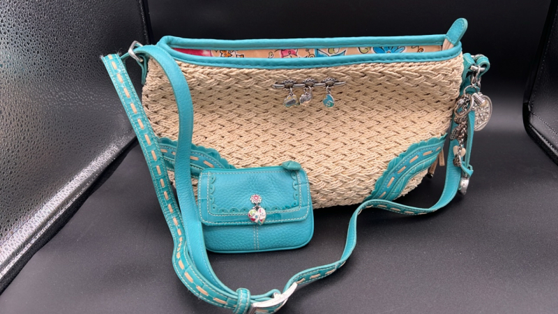 Brighton Teal Straw Messenger Bag