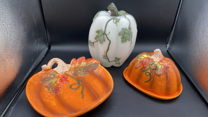 Ceramic Pumpkin Platter, Ceramic Pumpkin Butter Warmer and Decorative Pumpkin