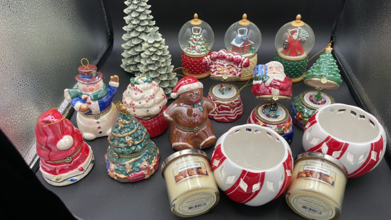 Music Box, Christmas Ornaments, Snow Globes and Candles