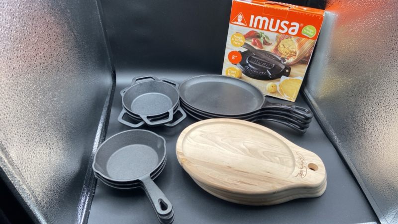 Sizzling Plates w/ Wolfgang Puck Wooden Bases, Skillets and Tortilla Press