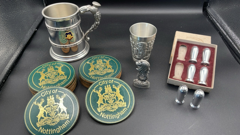 Nottingham Coasters, Singapore Pewter Cup and Lion, and Salt and Pepper Shakers