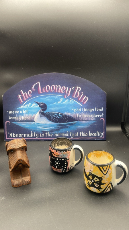 Looney Bin Sign, Kiva Apache USA Cups and Wooden Pup