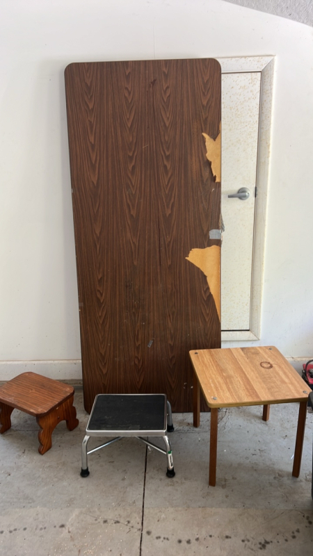 Folding Table, Wooden End Table and Stools (2)