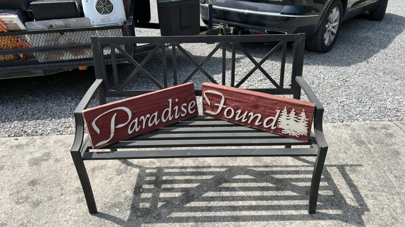 Outdoor Bench w/ "Paradise Found" Wooden Signs