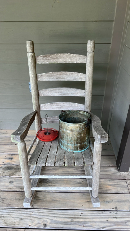 Wooden Rocking Chair, Hummingbird Feeder and Metal Bucket