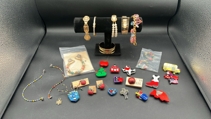 Assorted Bracelets and Handmade Pins
