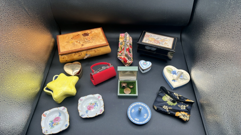 Assorted Trinket Boxes, Dishes, and Box w Class Rings