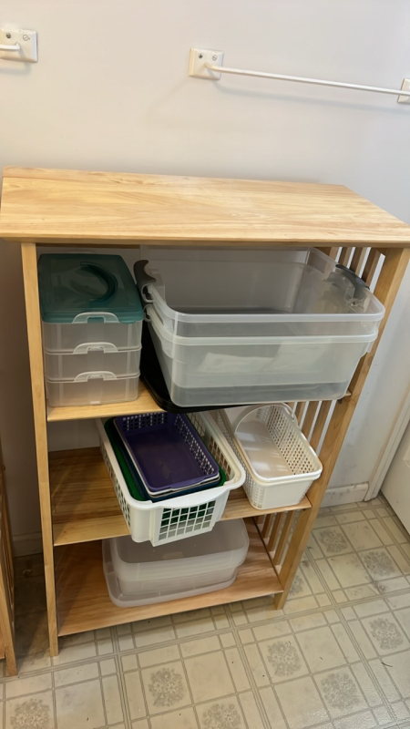 Wooden Shelf w/ Storage Containers