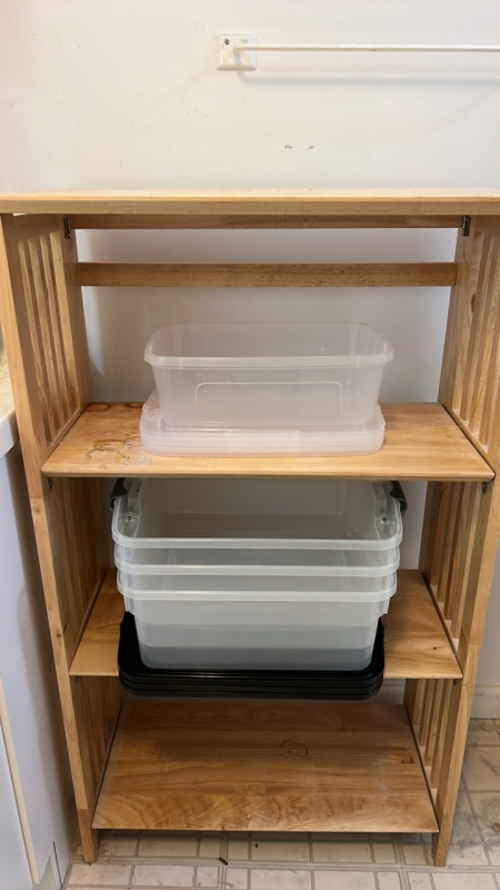 Wooden Shelf w/ Storage Containers