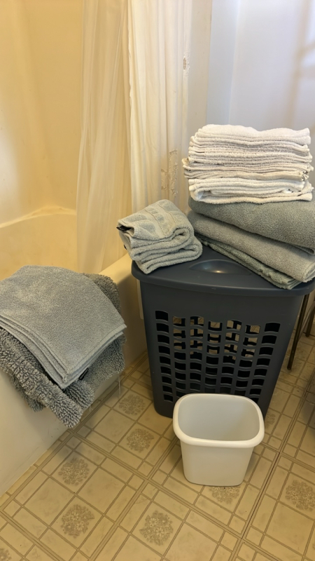 Clothes Hamper, Towels, Bathroom Mats and Trash Can