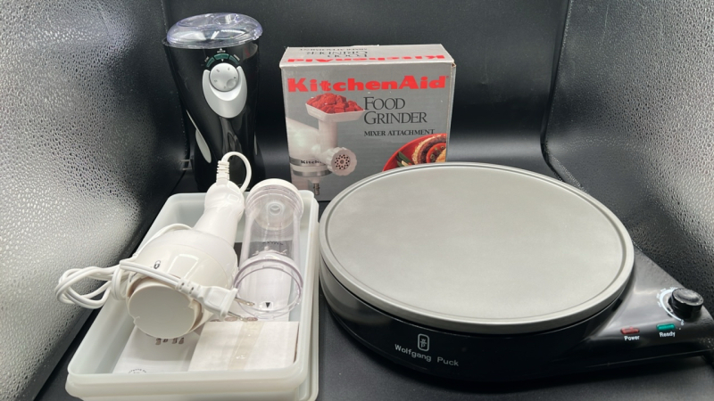 Wolfgang Puck Crepe Griddle, Cookie Press, Coffee Grinder and KitchenAid Food Grinder Attachment