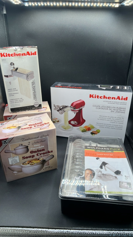 Assorted KitchenAid Attachments, Wolfgang puck cookie press set & soup crocks