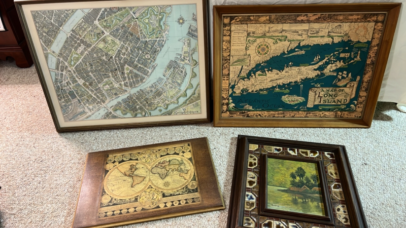 Assorted Map Artwork and Tropical Painting