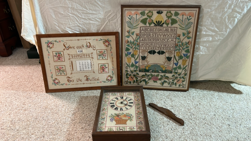 Assorted Needlepoint Artwork and Needlepoint Clock