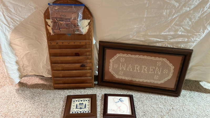 Assorted Artwork, Crochet Art and Wooden Calendar