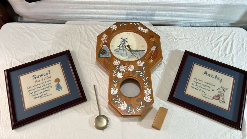 Assorted Needlpoint Artwork and Broken Dutch Clock