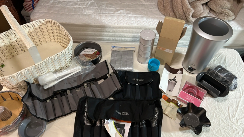 Assorted Kitchen/Baking Supplies and Wine Chiller with Basket