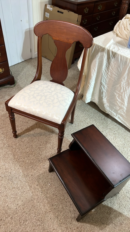 Wooden Step Stool & Antique Dining Chair