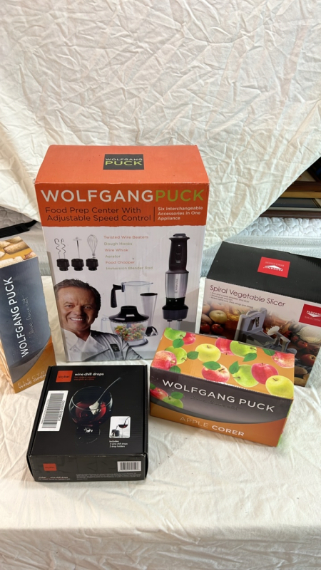 Wolfgang Puck Food Prep Center, Electric Wine Opener and Apple Corer with Wine Chill Drops and Spiral Vegetable Slicer
