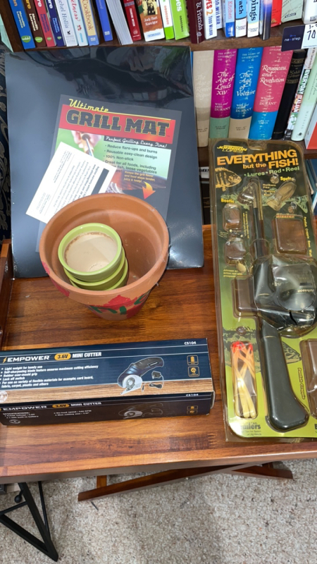 Johnson Lures Rod and Reel, Grill Mat, Plant Pots, Empower 3.6V Mini Cutter