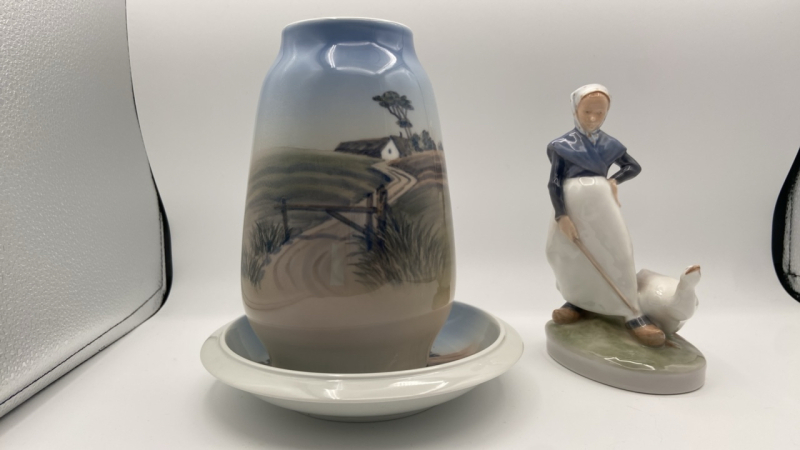 Royal Copenhagen Vase & Bowl, Girl and Goose