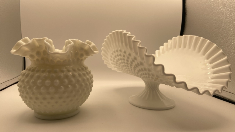 Fenton Hobnail Milk Glass Banana Pedestal & Vase