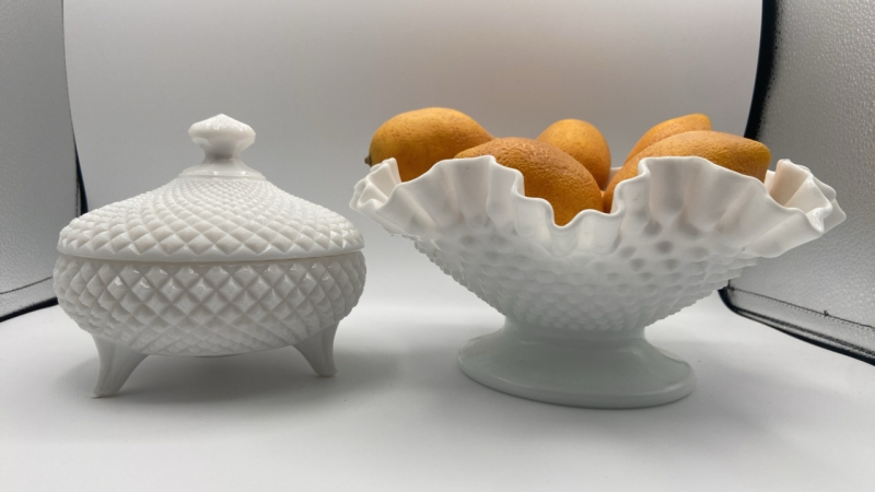 Westmoreland Milk Glass Diamond Point & Fenton Hobnail Milk Glass Fruit Bowl
