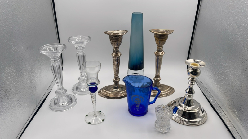 Shirley Temple, Cobalt Pitcher Vase & Candlesticks