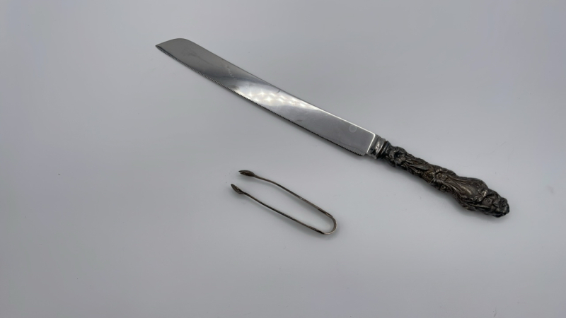 Gorham Old Lily Bread Cake Silver Knife Sterling Handle and Sterling Sugar Tongs