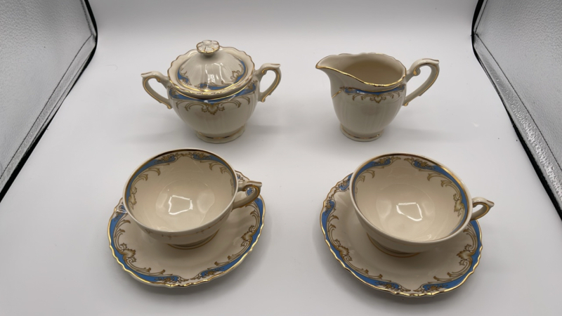 Federal China Creamer, Sugar, Tea Cups, and Saucers