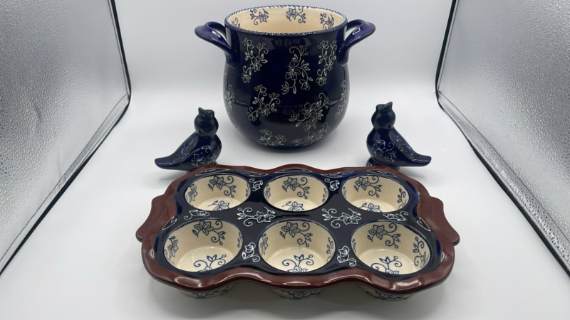 Floral Lace Bean Pot, Muffin Pan, and Birds