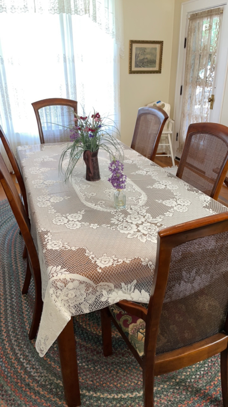 Dining Room Table, Table Covering, and Decor.