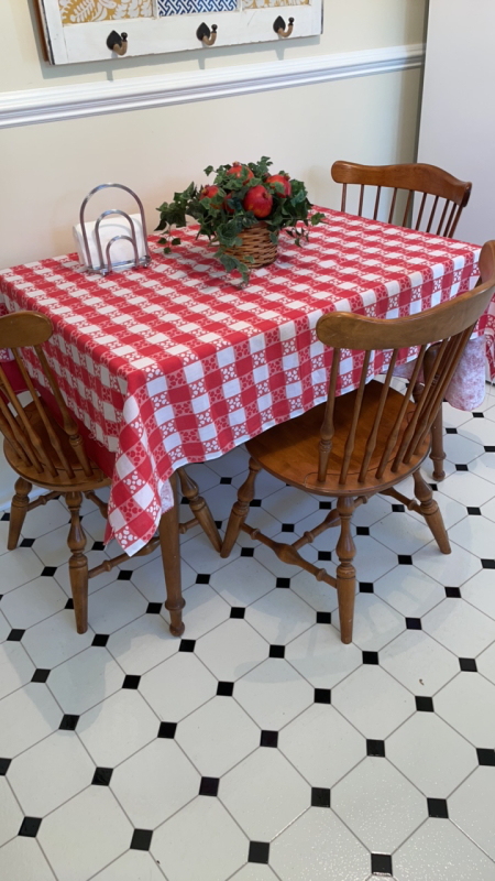 Table with Red Checkered Covering, Kitchen Decor, Decorative Window Hanger, and Chair