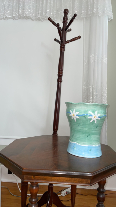 Octagonal Table, Ceramic Vase, 6 Hook Coat Rack