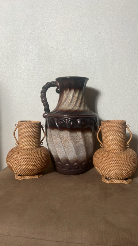 Tonnieshof Carstens W German Pottery Vase & Wicker Plant Holders