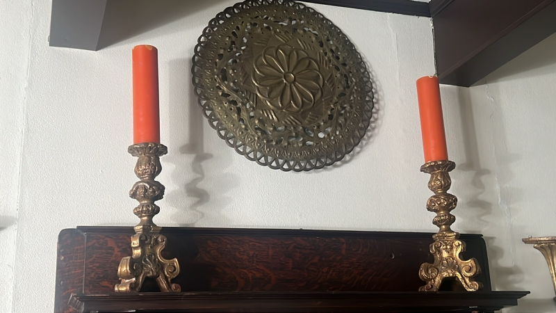 (2) Large Baroque Style Candlesticks & Italian Brass Filigree Medallion