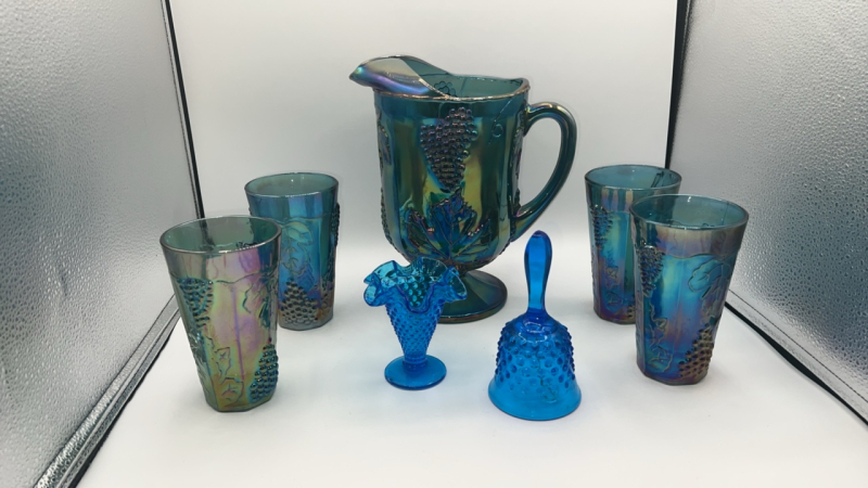 Indiana Blue Iridescent Carnival Glass Set