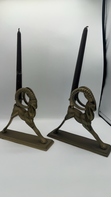 Vintage Brass Ram Candlestick Holders (2)