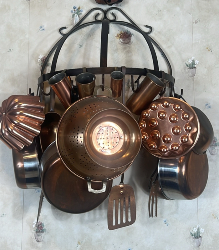 Old Dutch Half Round Pot Rack w/ Copperware Pots and Jello Molds