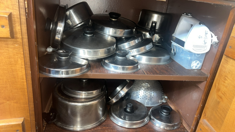 Assorted Pots, Pans & Hand Mixer