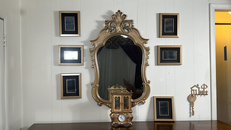 Gold Mirror, Music Box Clock and Wall Decor