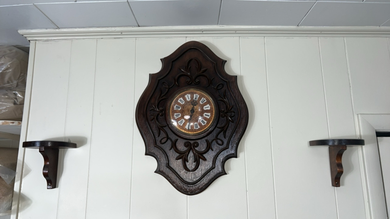 Large Antique Wooden Wall Clock & Shelves