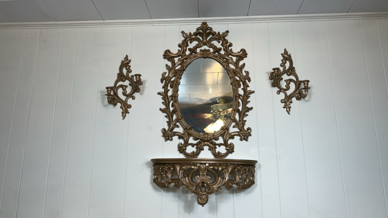 Ornate Vintage Wall Mirror, Shelf and Candle Sconces