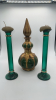 Green and Gold Genie Decanter & Green Glass and Gold Candlesticks