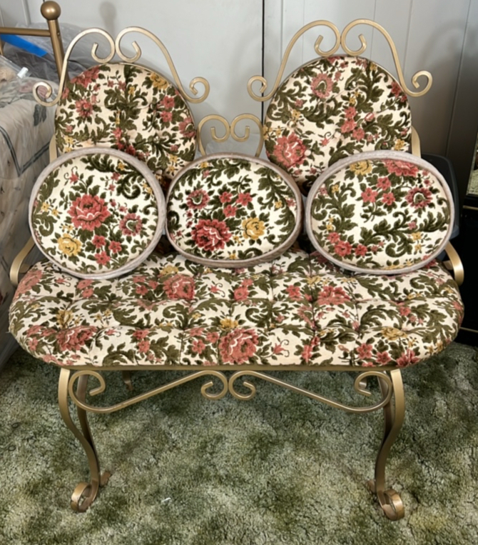 Vintage Floral & Metal Double Seat Parlor Chair