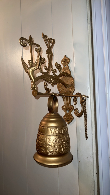 Ornate Wall Bell and Hanging Brass Candlestick Holder