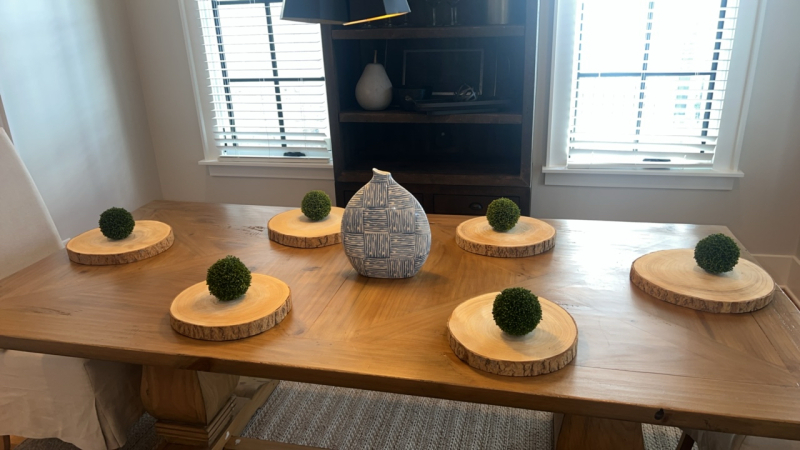 Wood Slab Place Setting w/ Orb Greenery & Blue-White Basket Weave Vase
