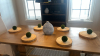 Wood Slab Place Setting w/ Orb Greenery & Blue-White Basket Weave Vase